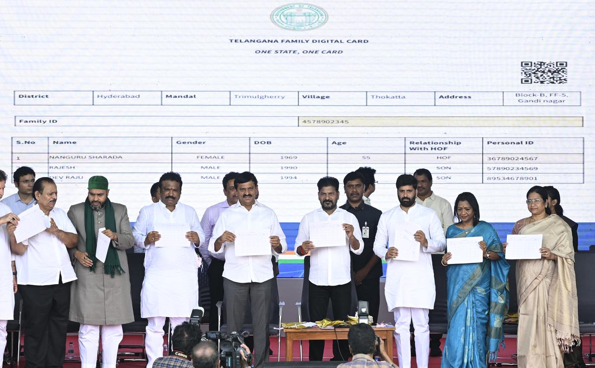 Telangana Chief Minister A. Revanth Reddy at the launch of pilot project on Family Digital Cards, in Hyderabad on Thursday (October 3, 2024).