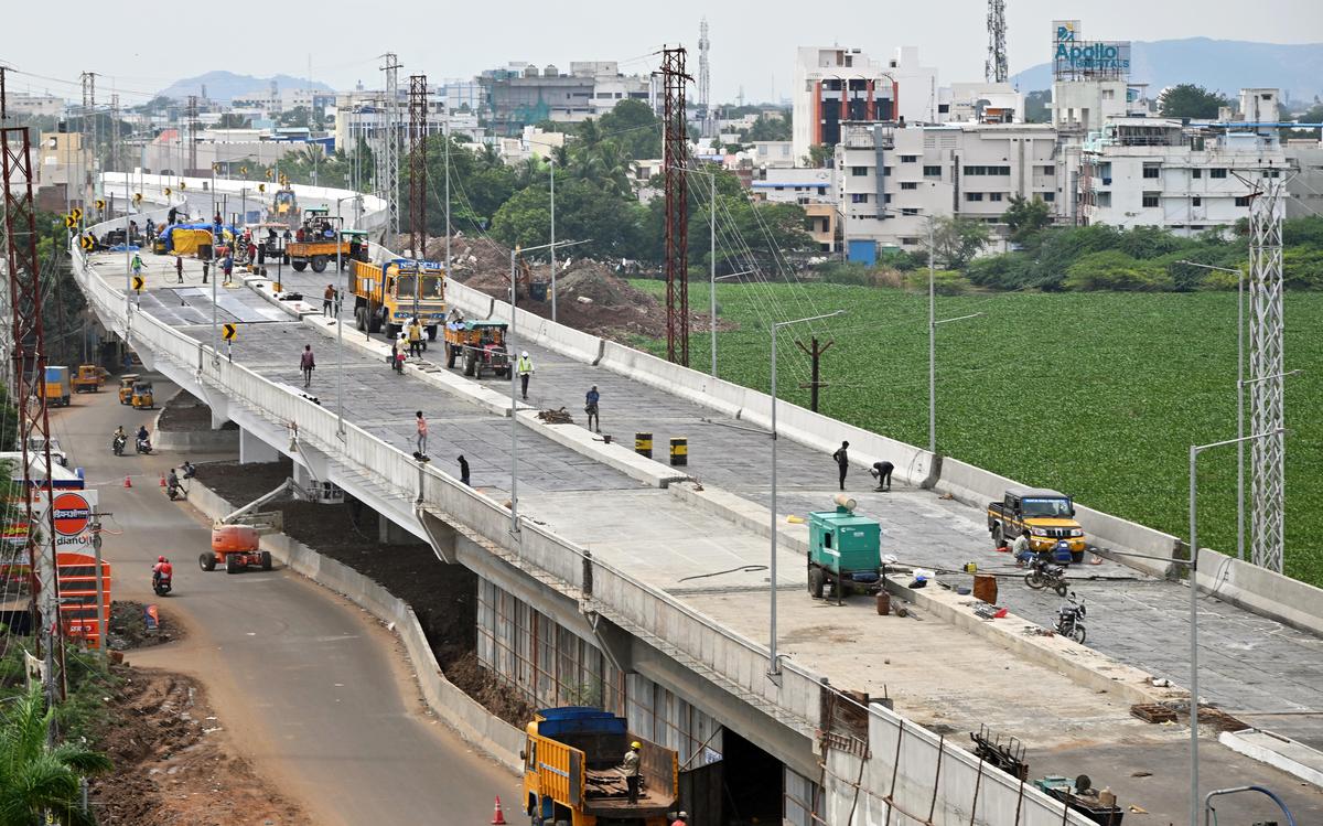 Flyover work under way at Melamadai junction in Madurai.