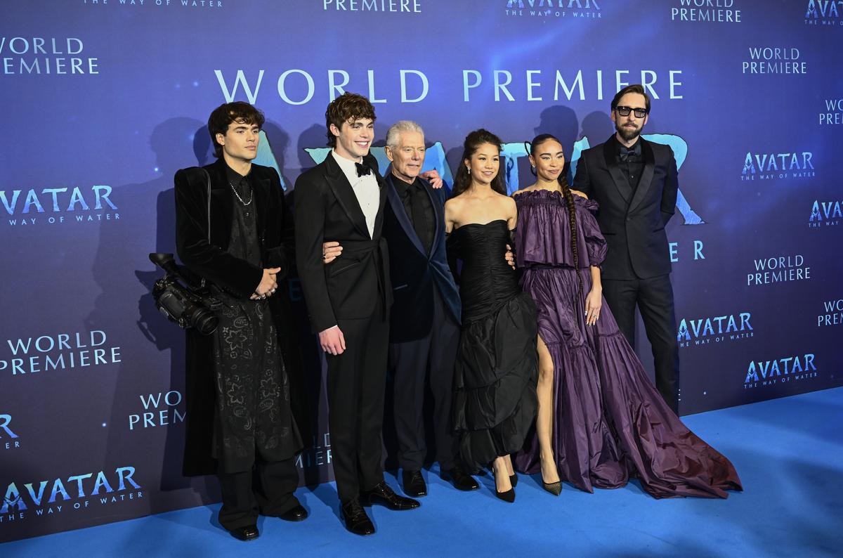 (L-R) Jamie Flatters, Jack Champion, Stephen Lang, Trinity Jo-Li Bliss, Bailey Bass and Joel David Moore attend the world premiere of ‘Avatar: The Way of Water’ in London, England