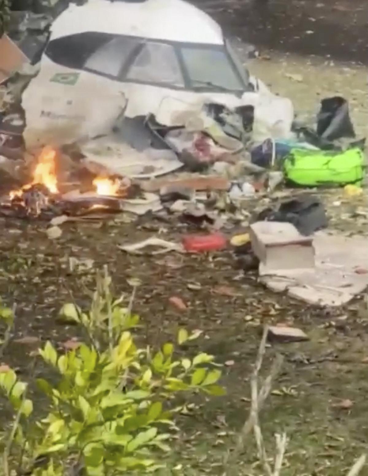 This frame grab from video shows wreckage from a plane that crashed by a home in Vinhedo, Sao Paulo State, Brazil on August 9, 2024. 