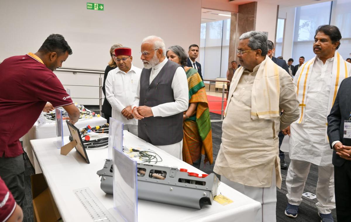 Prime Minister Narendra Modi, Karnataka Chief Minister Siddaramaiah, and Governor Thawar Chand Gehlot at the Boeing India Engineering and Technology Center at B. Marenahalli, in Bengaluru, on January 19, 2024. 