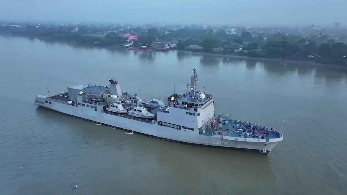 A view of INS Nirdeshak at the Naval Dockyard before its commissioning.