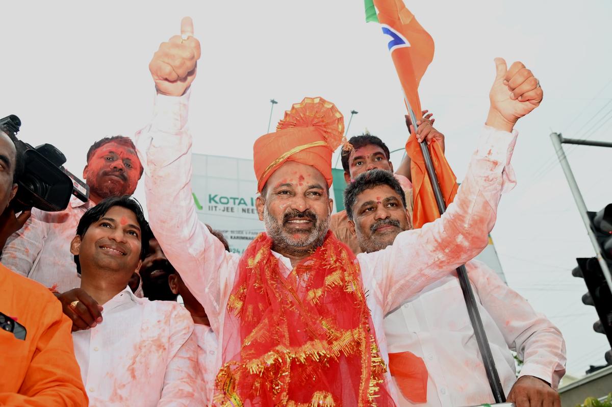 BJP leader Bandi Sanjay Kumar during a celebratory procession after winning from Karimnagar constituency by a big margin, in Karimnagar on June 4, 2024. 