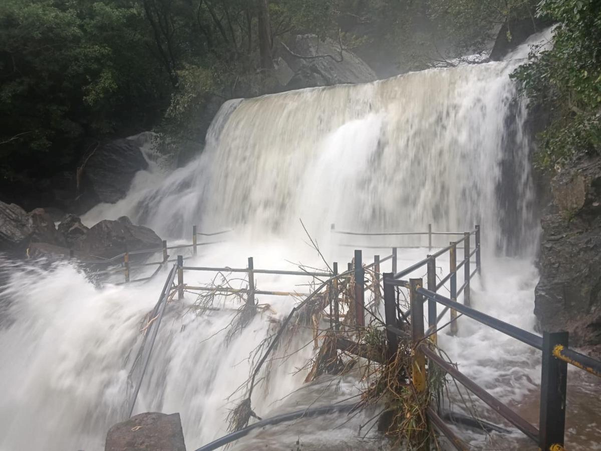 Owing to heavy water flow, Suruli falls near Cumbum in Theni district, closed for tourists on Tuesday.