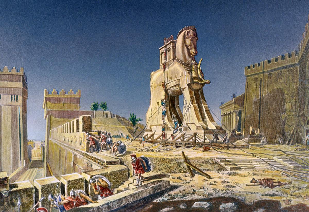 An engraving depicting the Trojan horse by French painter Henri-Paul Motte. An engraving depicting the Trojan horse by French painter Henri-Paul Motte.