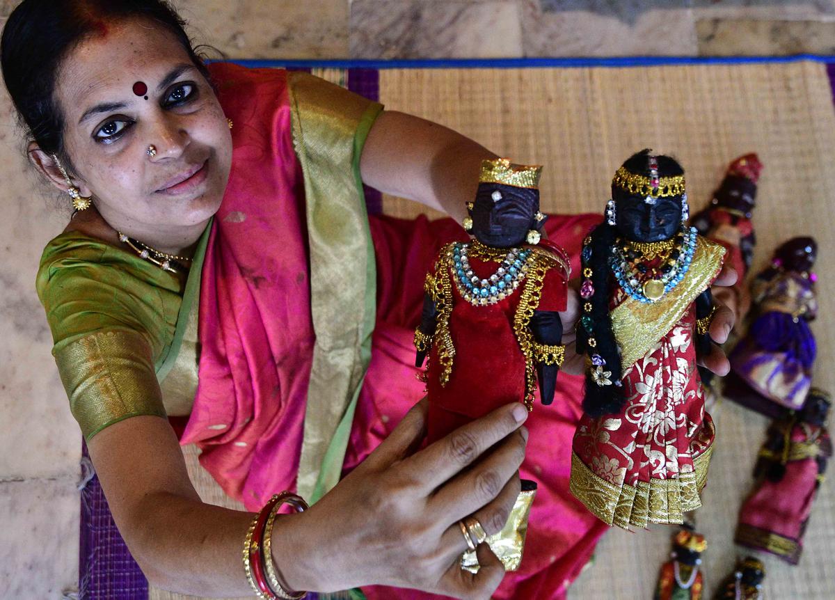 Coimbatore-based Rama Venkat with her collection of marapachi dolls 