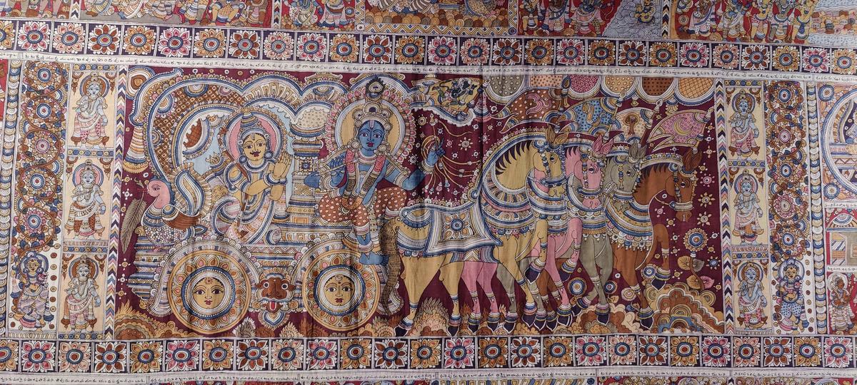 A portion of the 50-foot long, 10-foot high kalamkari panel by Kalam Creations