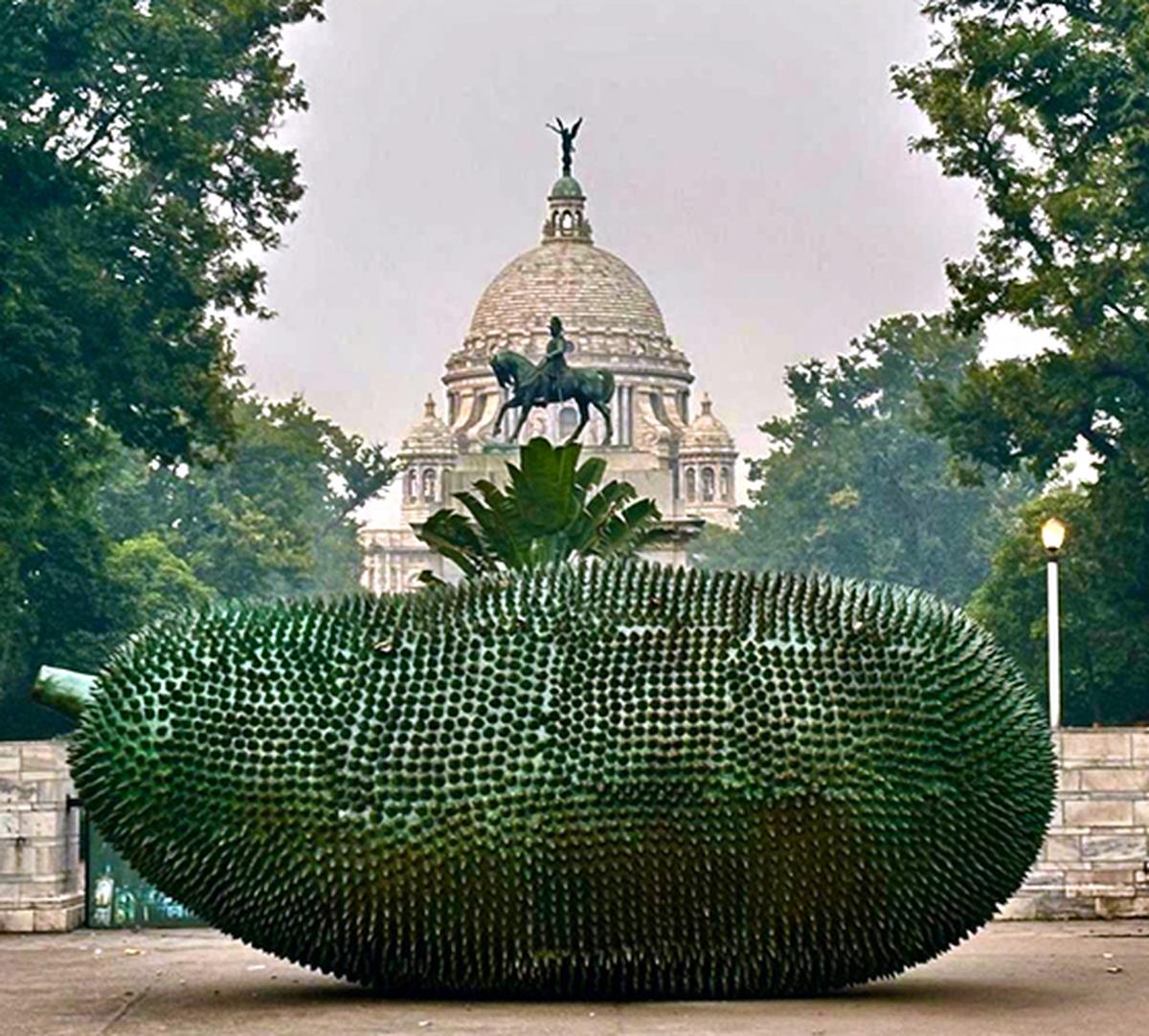 Paresh Maity’s Jackfruit sculpture in front of the Victoria Memorial in Kolkata. 