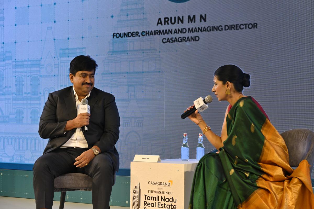 Arun M.N., Founder, Chairman and Managing Director of Casagrand speaking on ‘Vision for Tamil Nadu’s real estate growth’ during a fireside chat with R. Rosella Stephen, Senior Associate Editor of The Hindu at The Hindu Tamil Nadu Real Estate Summit 2025 in Chennai on August 5, 2025
