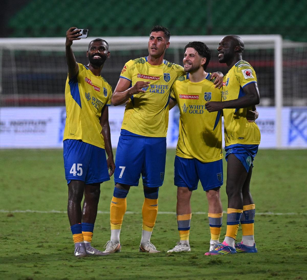 Selfie time: Kerala Blasters’ goal scorers Sreekuttan, Victor Bertomeu, Francisco Feuillassier pose with Kevin Yoke, who provided two assists after their victory against Mohammedan Sporting Club in the ISL match in Kochi on Sunday, May 10, 2026.