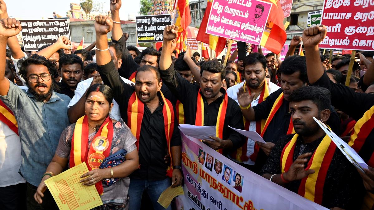 Tamilaga Vettri Kazhagam condemns hike in taxes, cadre stage demonstration in Erode