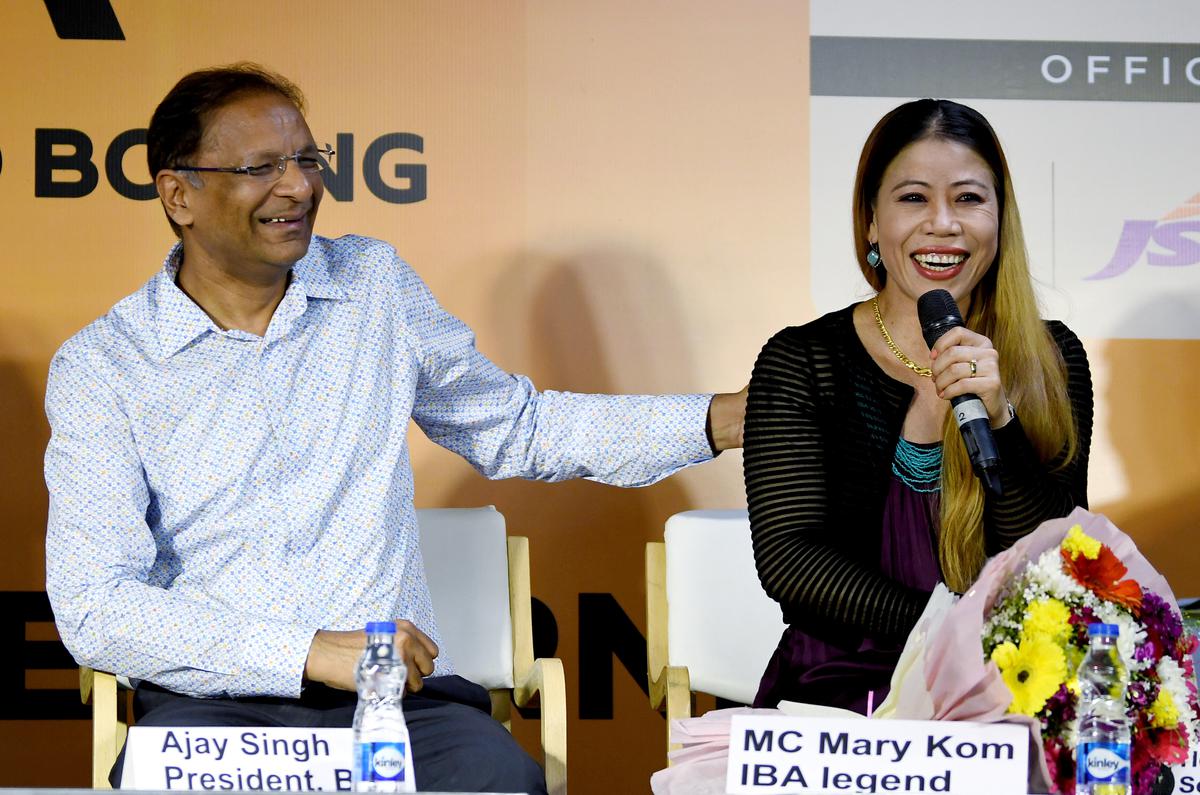 Boxer Mary Kom with Boxing Federation of India president Ajay Singh during a pressconference announcing the title and sponsor and brand ambassador for IBA Women’s World Boxing Championship 2023, in New Delhi on March 13, 2023. File