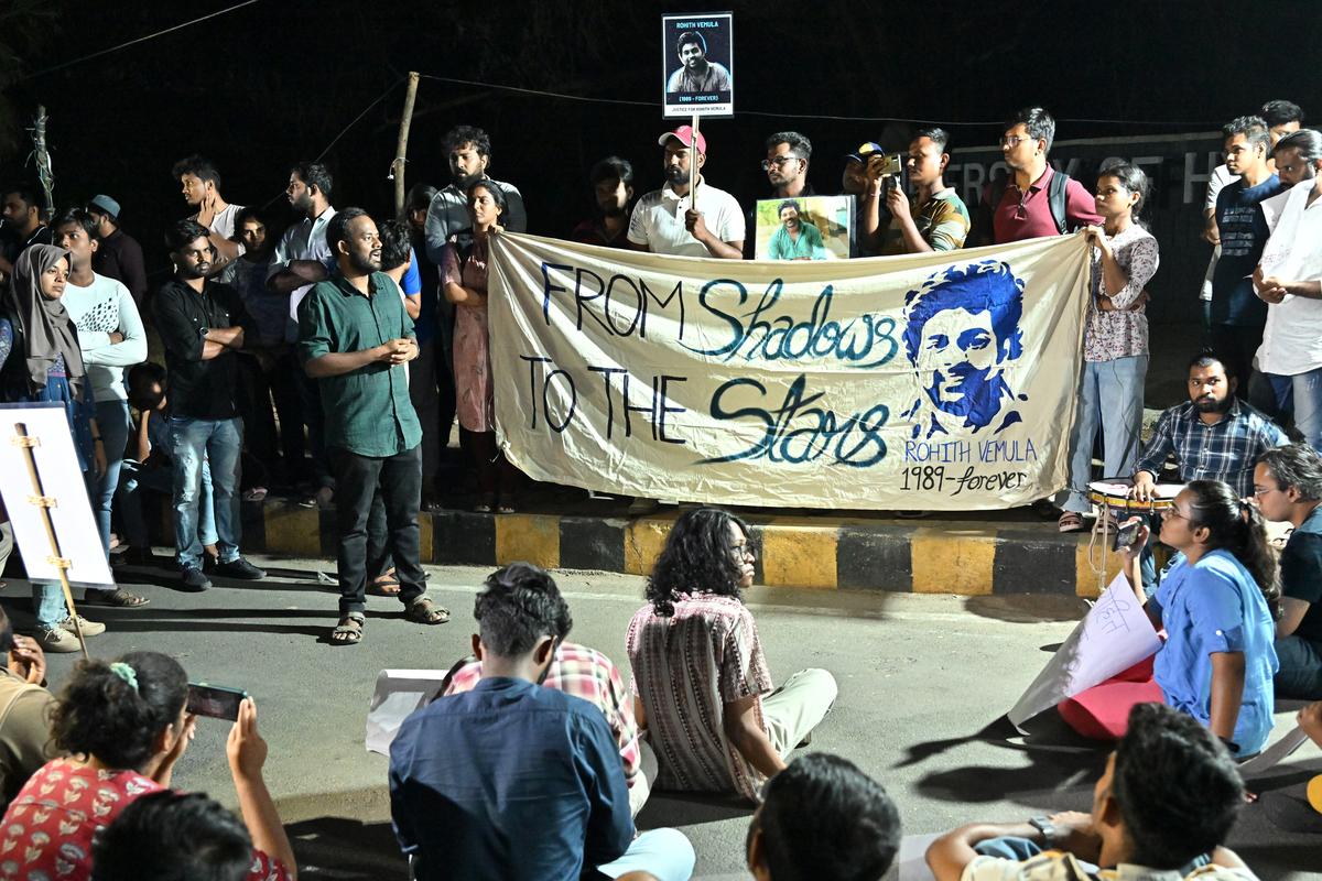 Students of the University of Hyderabad (UoH) participated in a protest in front of campus main gate, raising slogans demanding justice in Hyderabad on May 03, 2024. Telangana police filed a 60-page closure report in the Rohith Vemula suicide case.