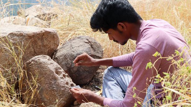 The American College students in Madurai explore 5,000 years old rock art on hills in and around the city