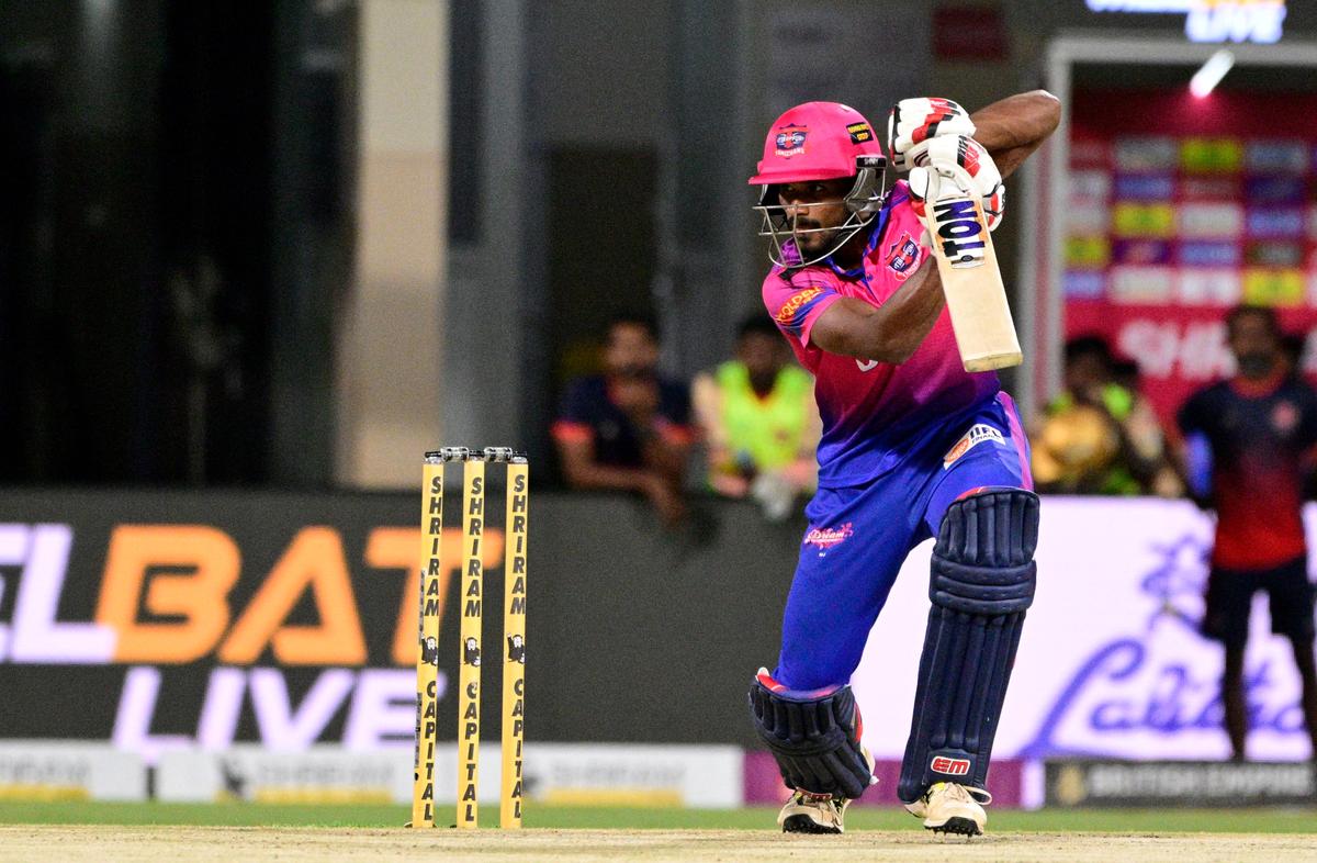 Amith Sathvik of Idream Tiruppur Tamizhans in action against Chepauk Super Gillies in the TNPL Qualifier 1 held at Natham in Dindigul district, Tamil Nadu, on Tuesday, 01 July 2025. 