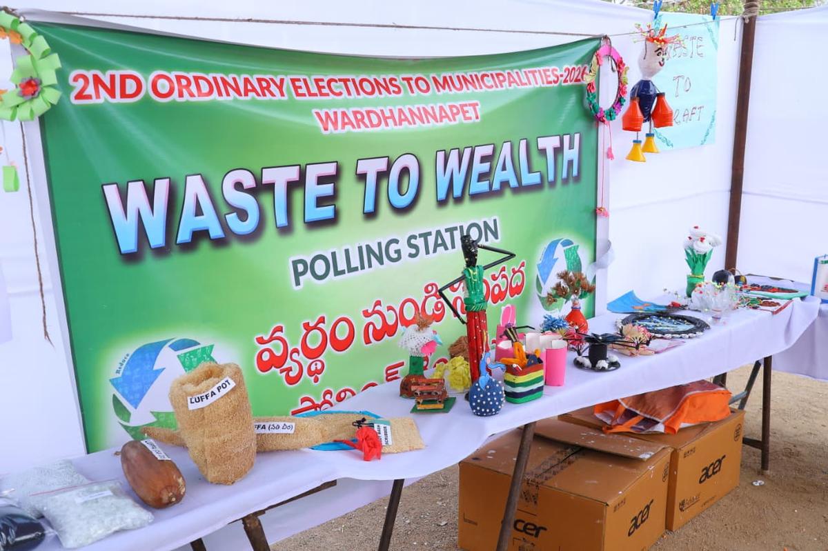 A flex was set up to create awareness about waste management at the Green Polling Station in Wardhannapet in Warangal district on Wednesday