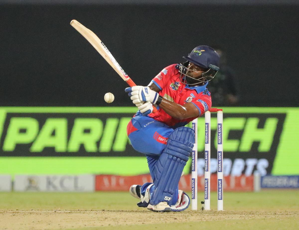 Kollam Sailors player Sachin Baby in action against Finesse Thrissur Titans during the Kerala Cricket League match at the Greenfield International stadium in Thiruvananthapuram on Tuesday, September 17, 2024