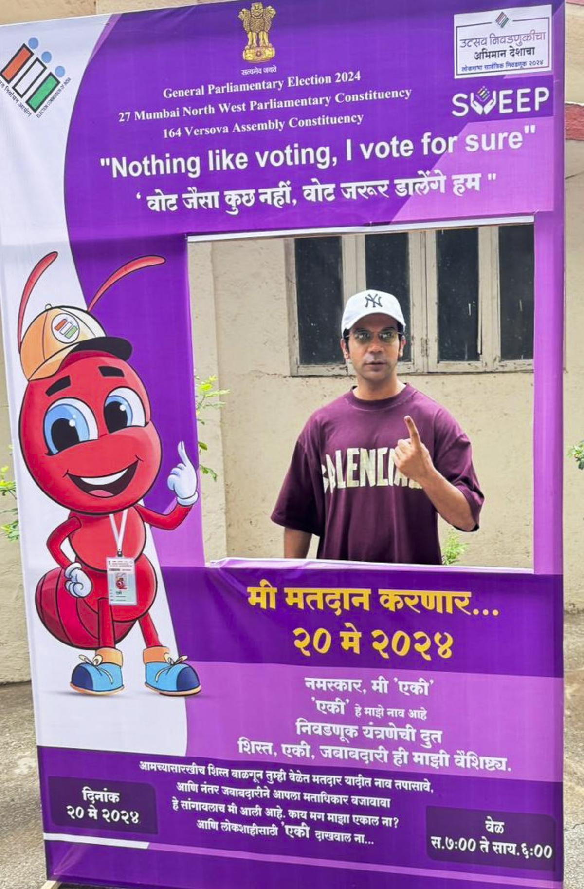 Bollywood actor Rajkummar Rao shows his inked finger after casting his vote during the fifth phase of Lok Sabha elections, in Mumbai, Monday, May 20, 2024.