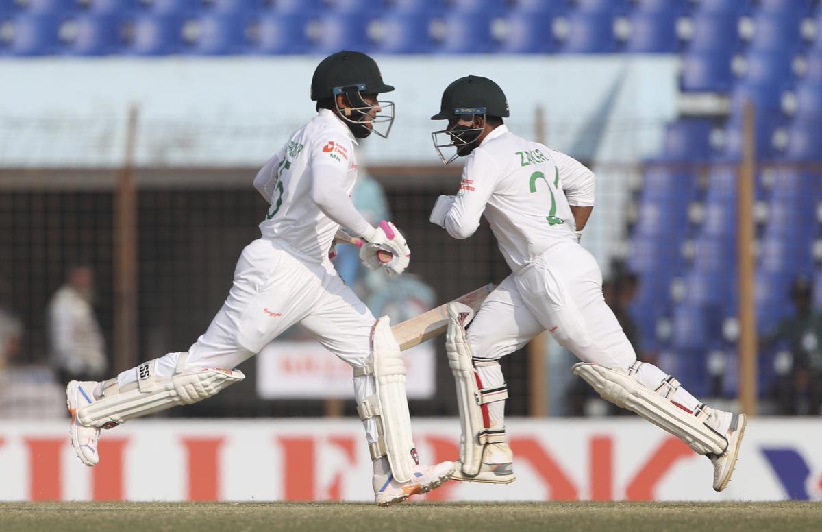 Bangladesh's Zakir Hasan and Mushfiqur Rahim are seen during the fourth day of the 1st Test against India in Chattogram on December 17, 2022.