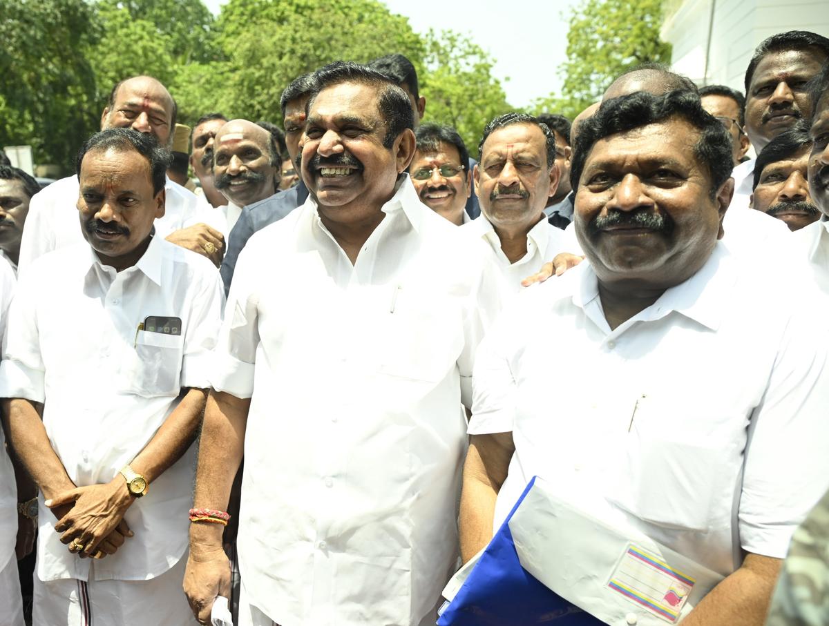 AIADMK General Secretary Edappadi K Palaniswami with the party's Rajya Sabha Election Candidates is Inbadurai and M. Dhanapal at the Secretariat Campus on Friday.