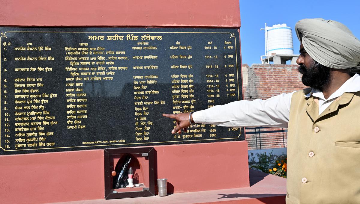 The war memorial at Nathowal village, at which veterans are considering a portrait museum to encourage young men to join the Indian Army.