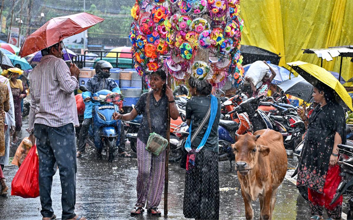 Braving rain, girls selling decorative items for Vinayaka Chavithi, at Poorna Market in Visakhapatnam on Tuesday. Braving rain, girls selling decorative items for Vinayaka Chavithi, at Poorna Market in Visakhapatnam on Tuesday.