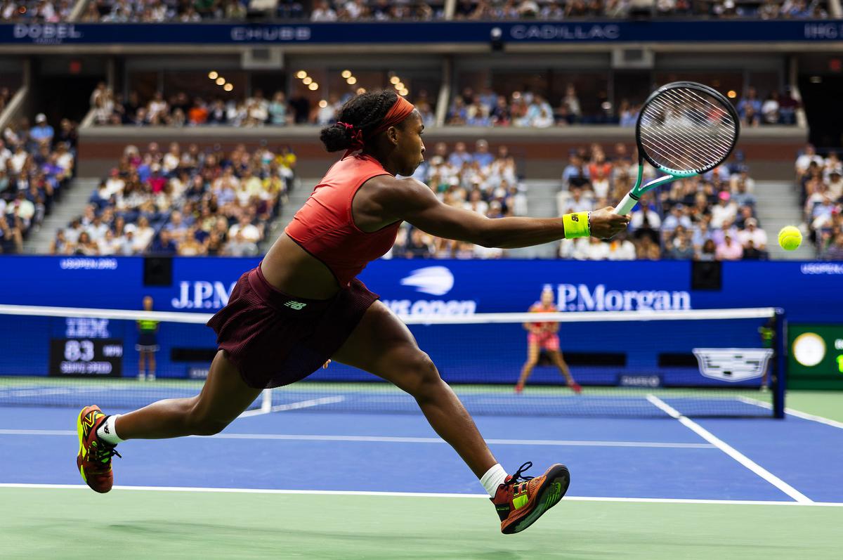 Coco Gauff of the United States returns a shot against Aryna Sabalenka of Belarus during their Women’s Singles Final match on Day Thirteen of the 2023 U.S. Open at the USTA Billie Jean King National Tennis Center on September 09, 2023. 