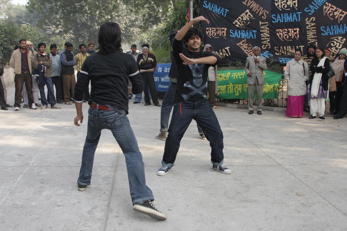 Street play performed in Delhi during Safdar Hashmi's birth anniversary celebrations
