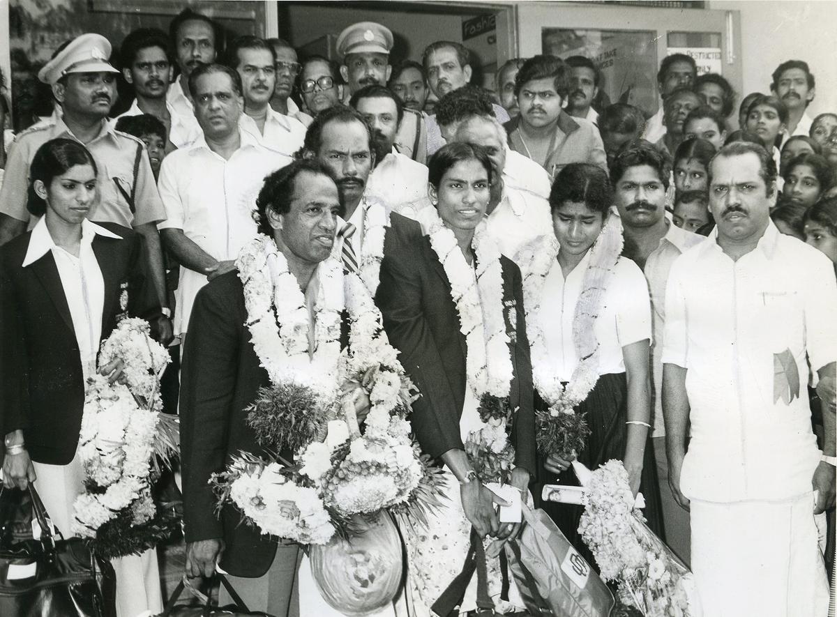 P.T. Usha and other Kerala athletes received a rousing welcome on their return from the Los Angeles Olympics. 