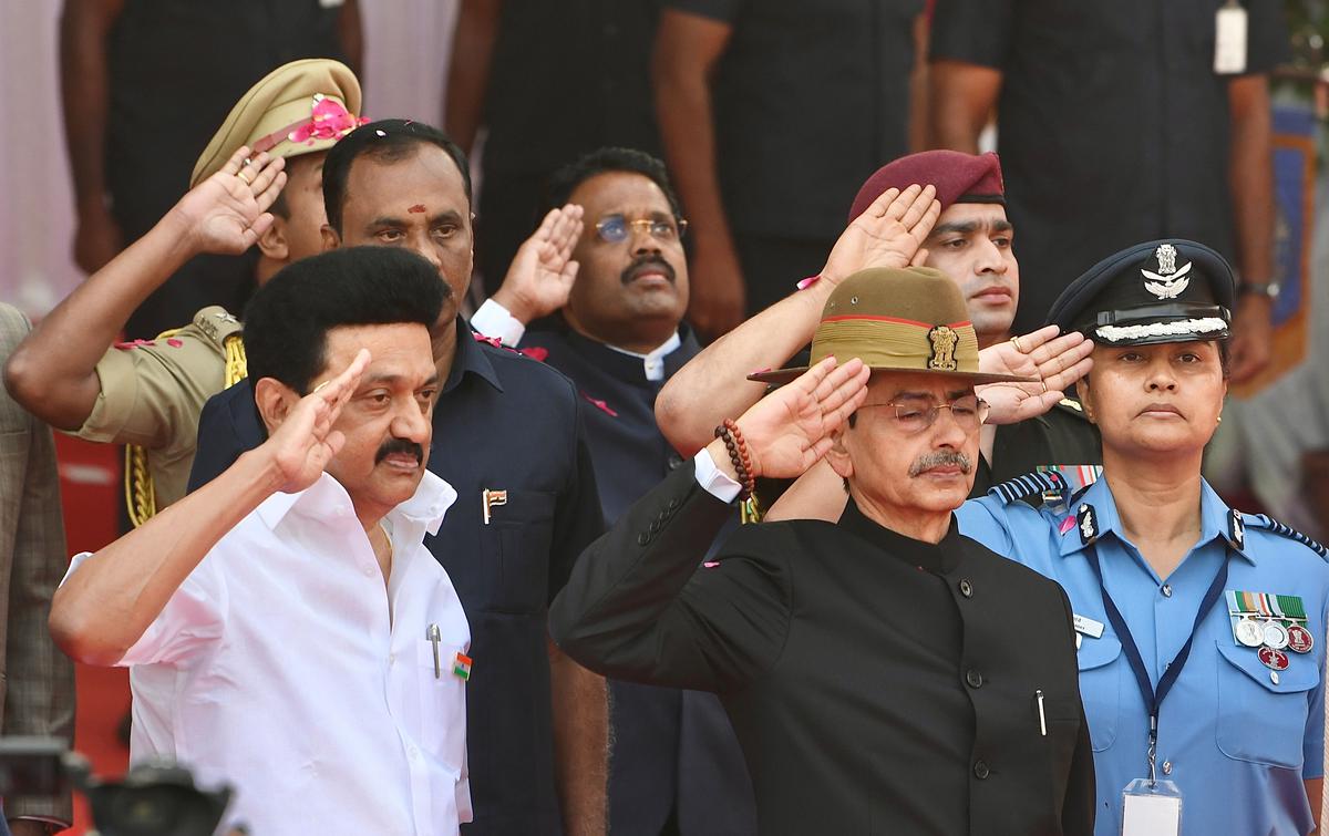 The Tamil Nadu governor R.N. Ravi hoisting the national flag on the occasion of the 74th Republic Day celebrations held in Chennai on January 26, 2023. Tamil Nadu Chief Minister M.K. Stalin is also seen in the picture. 