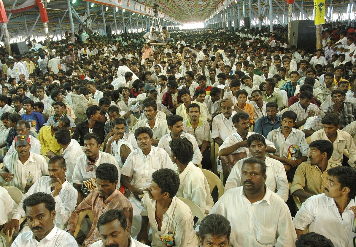 During the party's launch by Tamil actor Vijayakanth in Madurai on 14 September 2005, a section of the crowd at the first state-level conference of Desia Maravid Dravid Kazgam, a section of the crowd, 14 September 2005 in Madurai During the party's launch by Tamil actor Vijayakanth in Madurai on 14 September 2005, a section of the crowd at the first state-level conference of Desia Maravid Dravid Kazgam, a section of the crowd, 14 September 2005 in Madurai