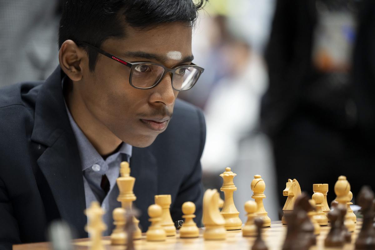 Praggnanandhaa focuses during the final round of the 45th Chess Olympiad in Budapest, Hungary, Sunday, Sept. 22, 2024. 