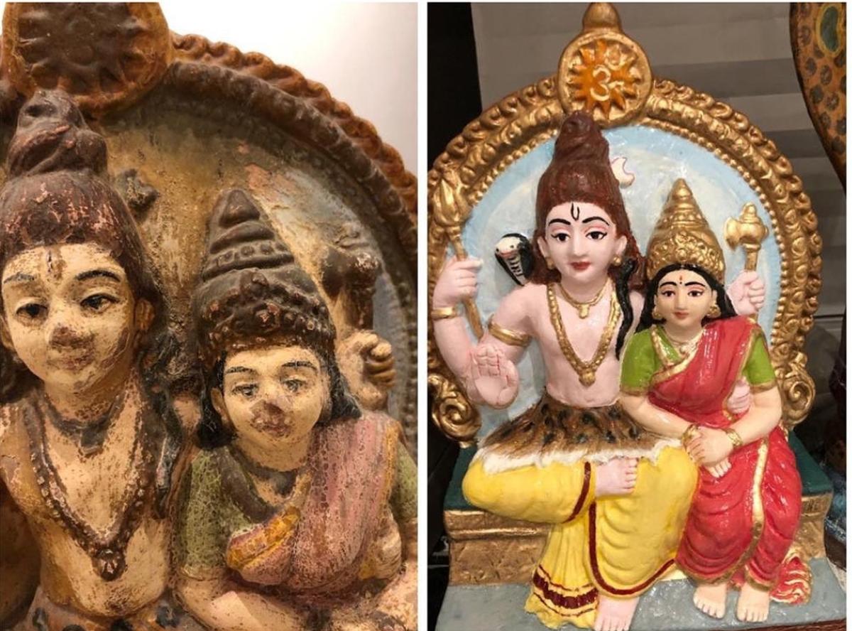 Shivan-Parvathy kolu doll, before and after restoration.