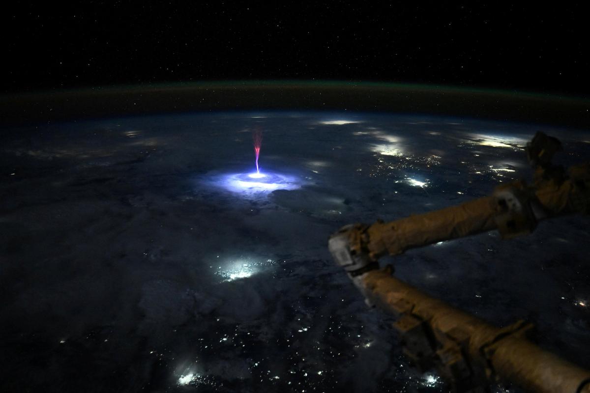 A Transient Luminous Event (TLE) known as a sprite is seen during a pass in the earth’s orbit over Mexico and the United States by the International Space Station. 