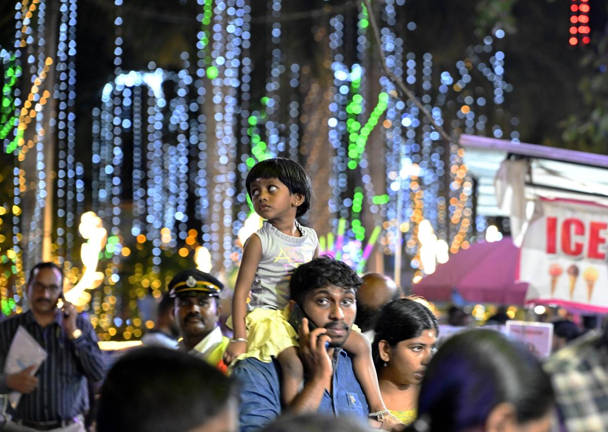 A view of the crowd on the premises of the Saraswathi Temple at Poojappura where Navaratri celebrations are on.