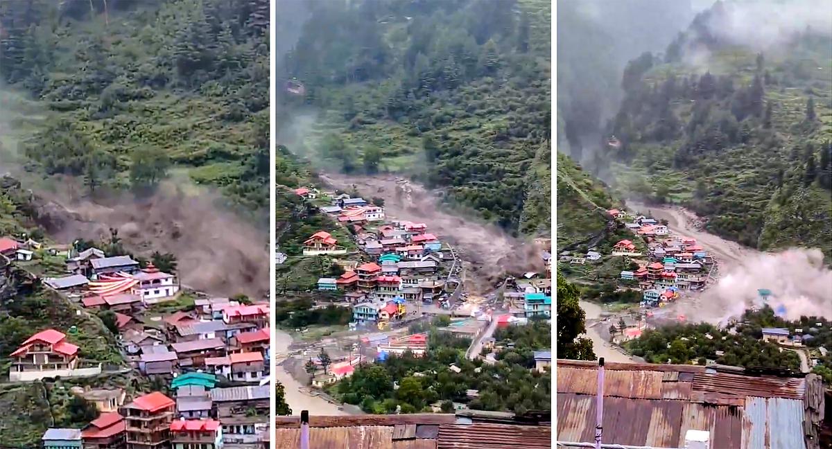 In this combo of three screenshots, houses being swept away in a flash flood triggered by a cloudburst at Dharali, in Uttarkashi district, Uttarakhand on August 5, 2025. 