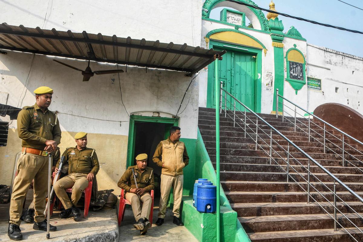 State police personnel deployed outside the Shahi Jama Masjid following religious violence in Sambhal on November 25, 2024. State police personnel deployed outside the Shahi Jama Masjid following religious violence in Sambhal on November 25, 2024.