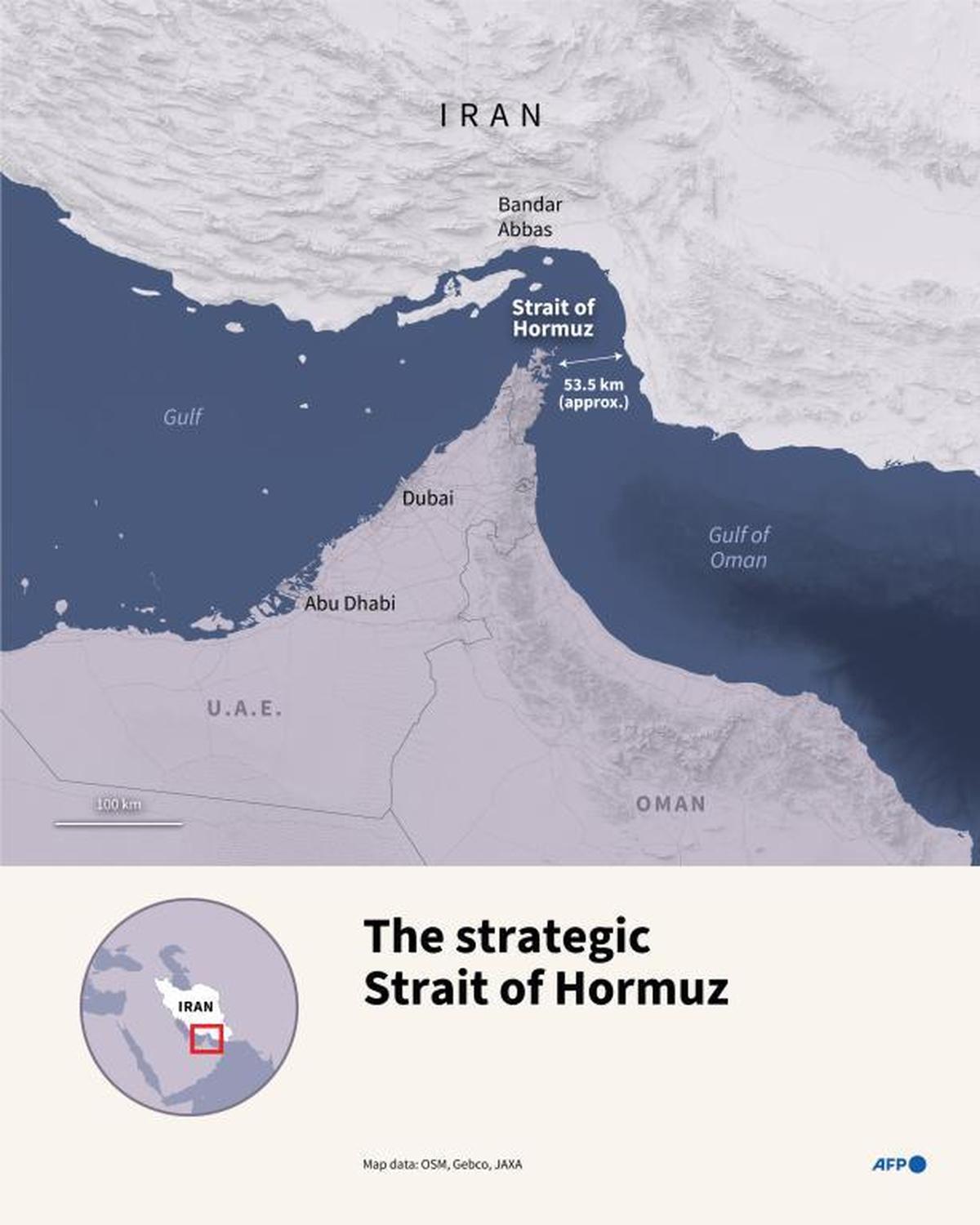 Mappa dello Stretto di Hormuz, un punto di passaggio vitale per le spedizioni globali di petrolio che collega il Golfo e il Golfo di Oman.