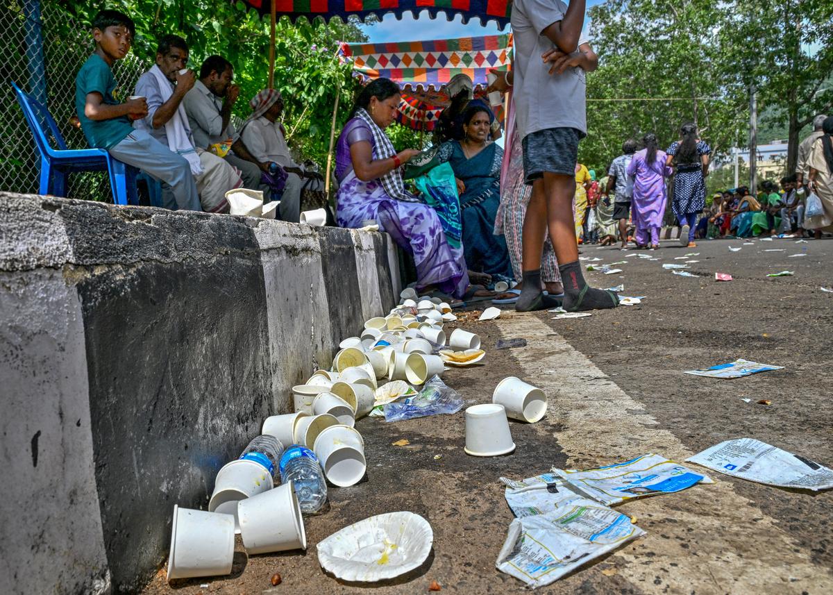 Roads littered with plastic satchets and paper cups during the annual ‘Giri Pradakshina’ of Sri Varaha Lakshmi Narasimha Swamy of Simhachalam Temple in Visakhapatnam on Wednesday. Roads littered with plastic satchets and paper cups during the annual ‘Giri Pradakshina’ of Sri Varaha Lakshmi Narasimha Swamy of Simhachalam Temple in Visakhapatnam on Wednesday.