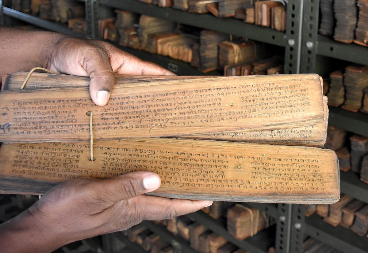 A sample of a manuscript inscribed on palm leaves and preserved at the Oriental Research Institute in Mysuru.