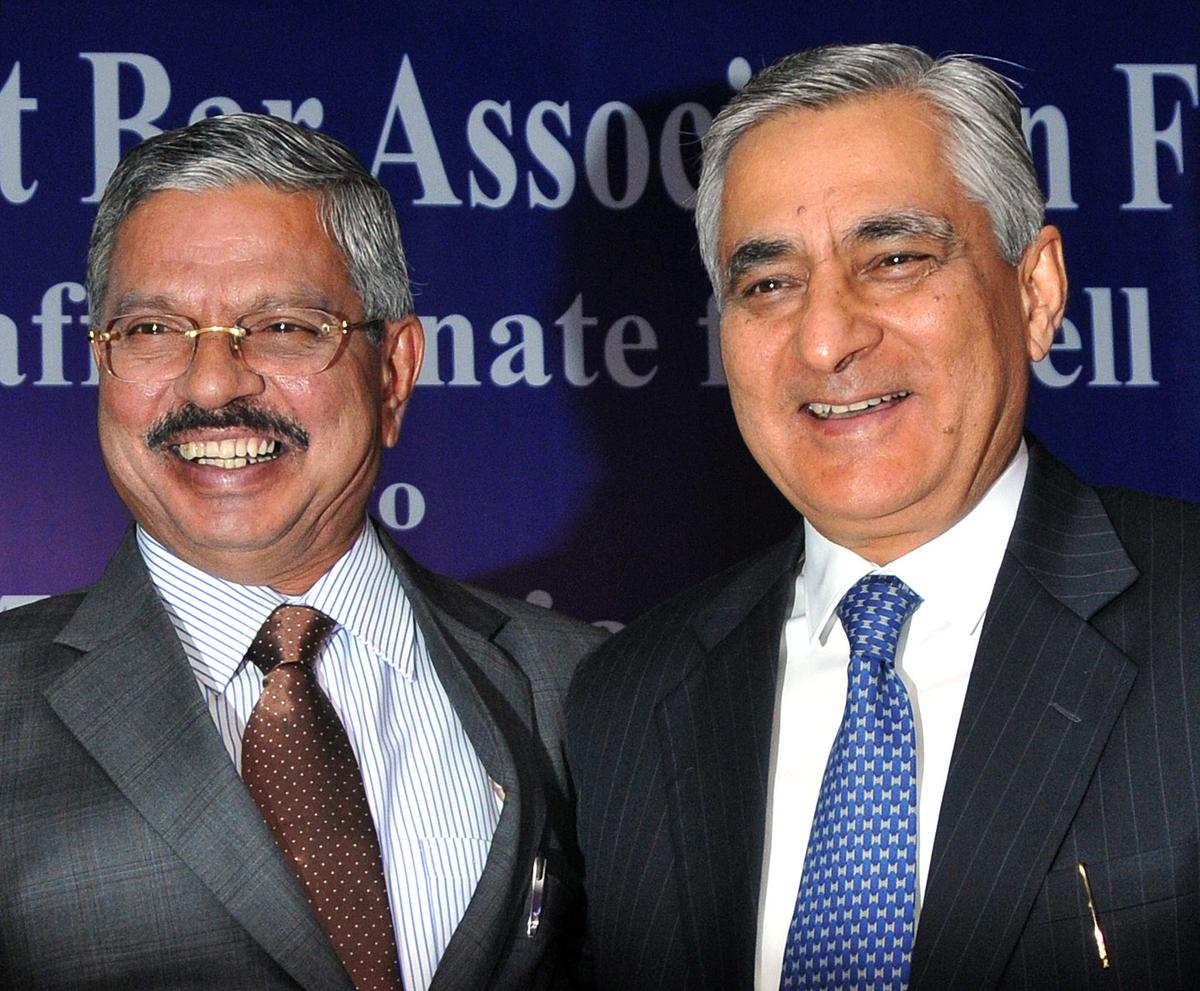 File photo of Chief Justice of India, Justice H.L. Dattu (left) with Chief Justice Designate, Justice T.S. Thakur