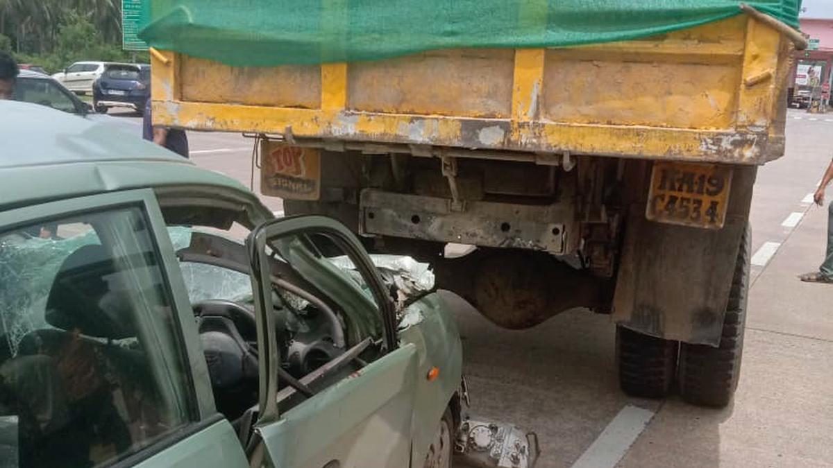 Car gets dragged for couple of kilometres after rear-ending tipper lorry and getting stuck underneath its chassis in Udupi district