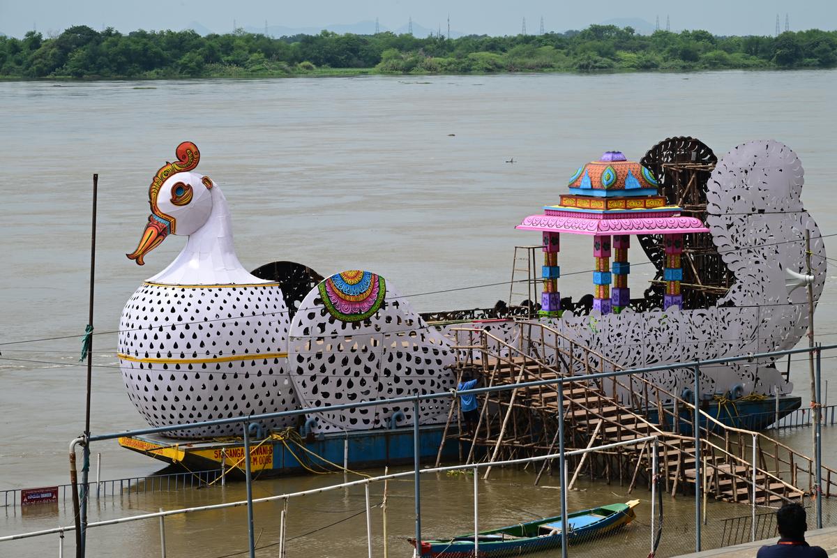 The ‘Hamsa Vahanam’ being readied at Durga Ghat in Vijayawada on Sunday.