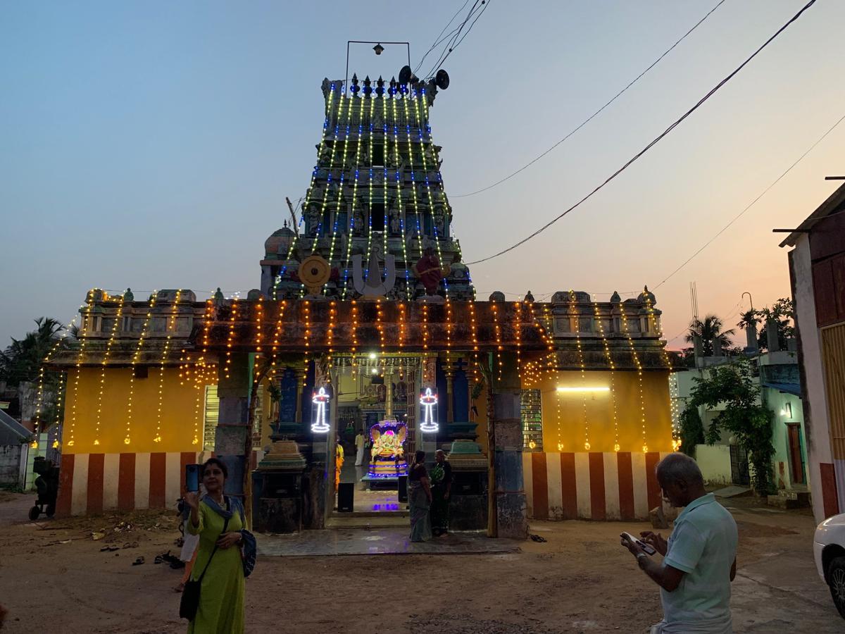 The three-tier gopuram of Sri Varadaraja Perumal temple decorated with LED lights on the inaugural day of the 83rd Bhagavata Mela festival.