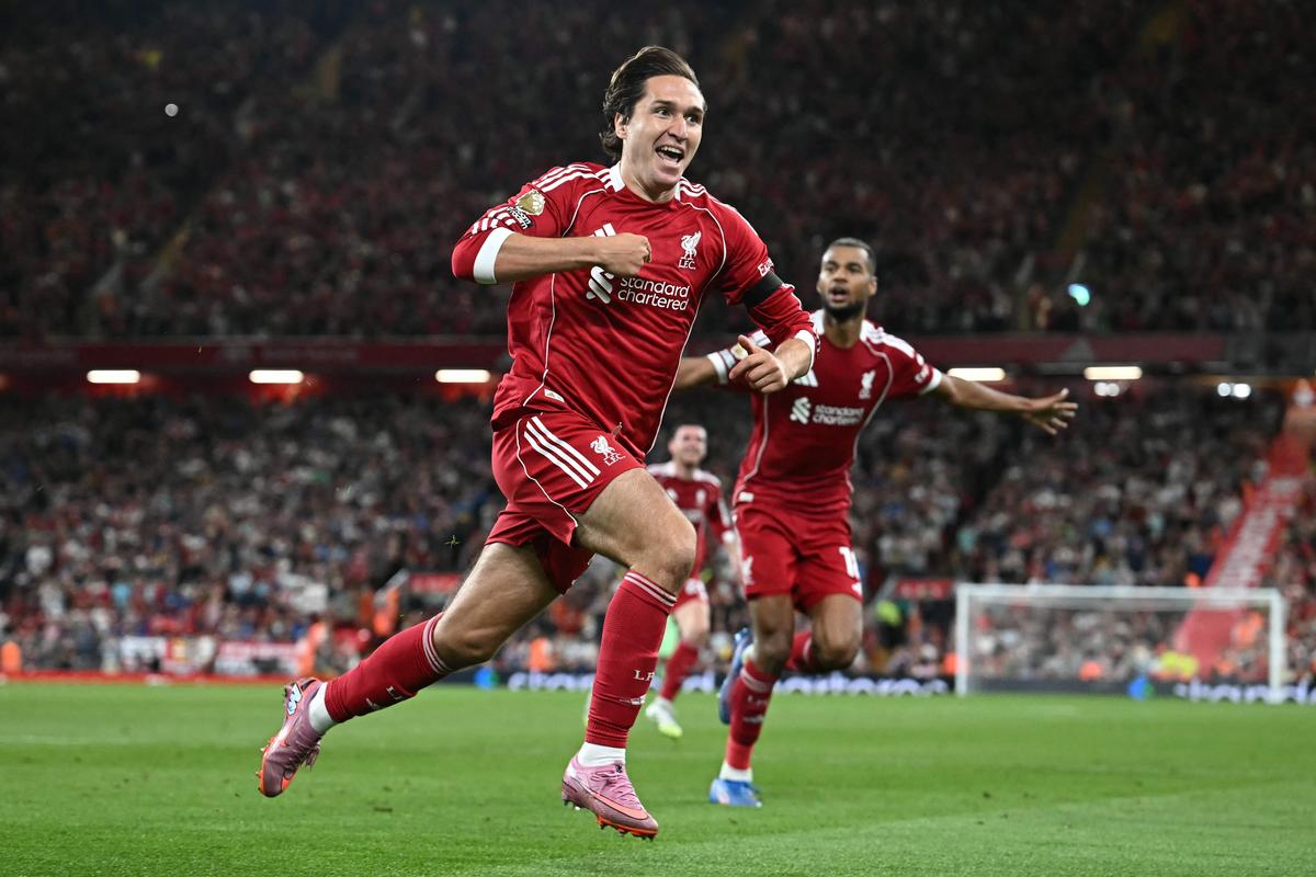 Liverpool’s Federico Chiesa celebrates after scoring the go ahead goal against Bournemouth in the Premier League at Anfield in Liverpool, on August 15, 2025. Liverpool’s Federico Chiesa celebrates after scoring the go ahead goal against Bournemouth in the Premier League at Anfield in Liverpool, on August 15, 2025.