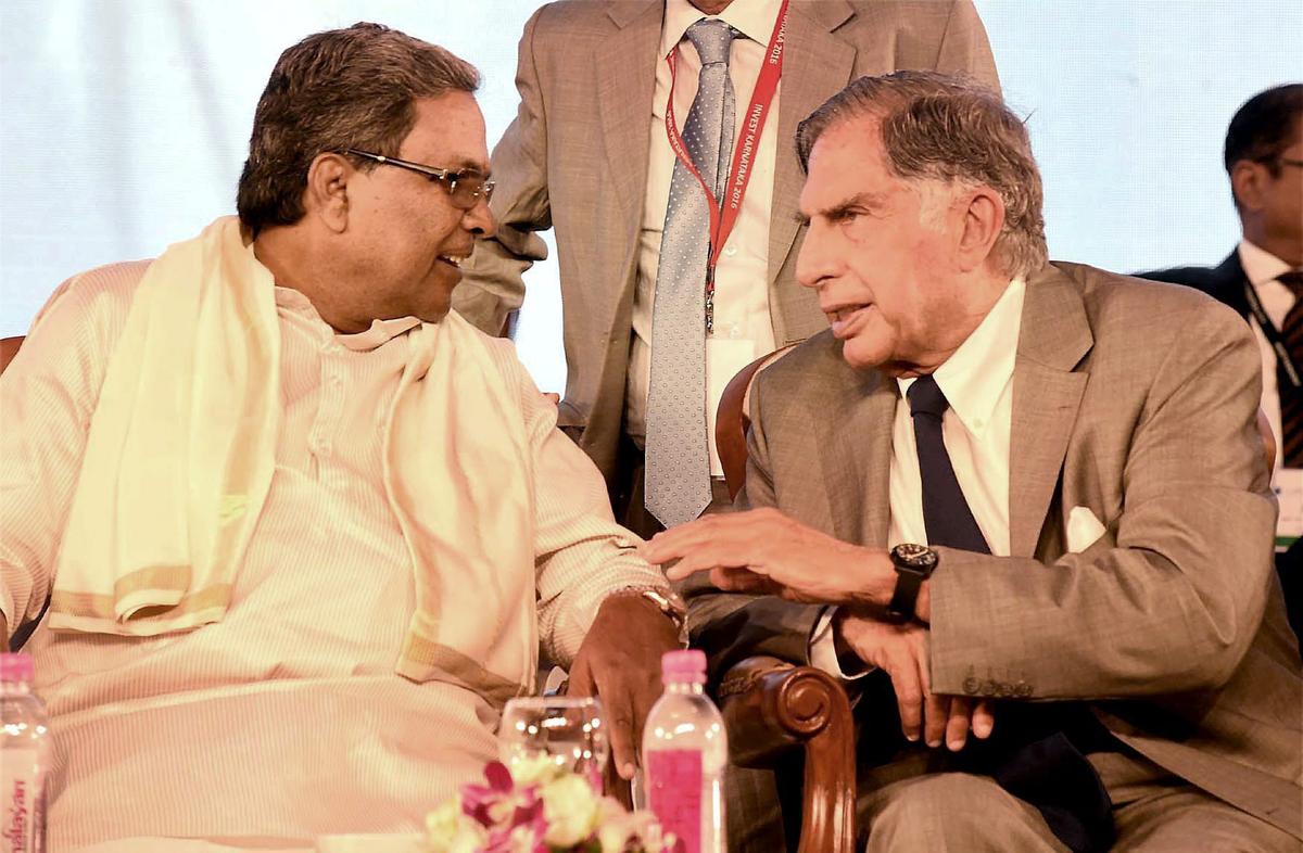 In this 2016 file photo, Chief Minister Siddaramaiah with industrialist Ratan Tata at the inauguration of Invest Karnataka 2016 in Bengaluru. 