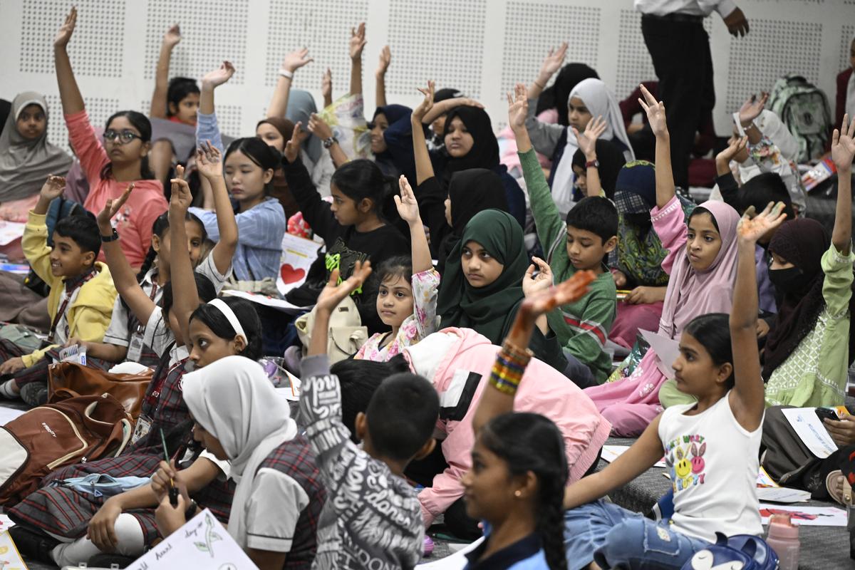 Students from various schools across twin cities participating in the painting competition organised by Apollo Hospitals, in collaboration with The Hindu in School at the Apollo Institute of Medical Sciences and Research on the occasion of World Heart Day, in Hyderabad on Monday.  