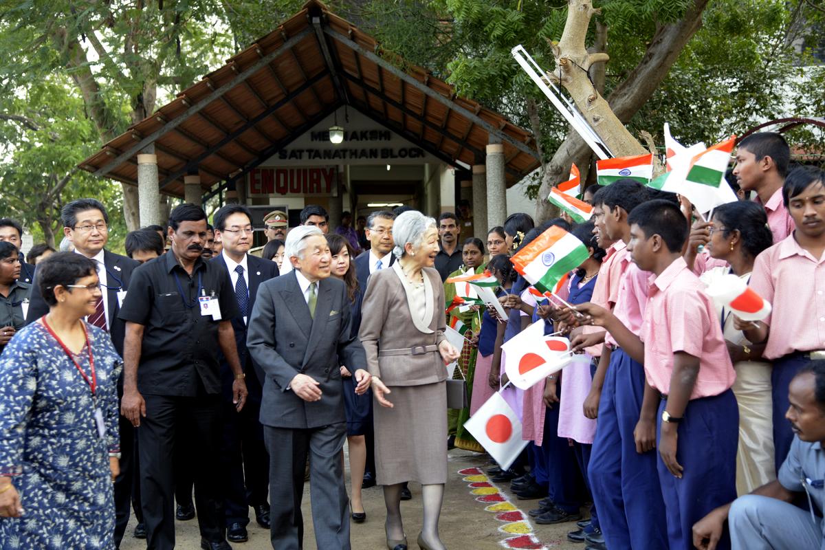 Japanese Emperor Akihito and Empress Michiko visit The Spastic Society of Tamil Nadu at Taramani in Chennai on December 5, 2013