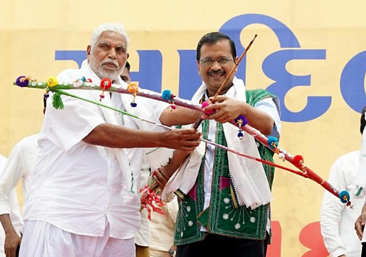 Bharatiya Tribal Party (BTP) founder Chhotubhai Vasava with Delhi Chief Minister Arvind Kejriwal.