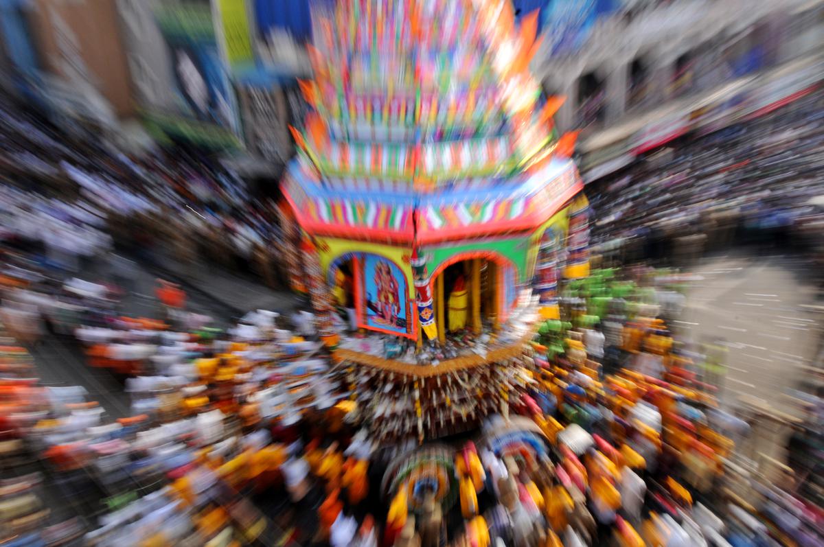 Devotees drawing the car during the Koniamman temple festival in 2017